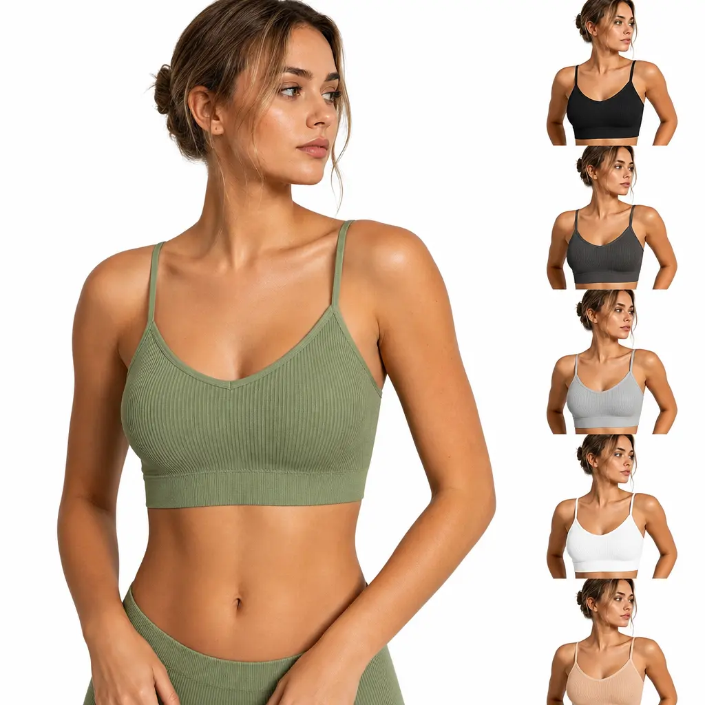 6 Pcs Women's Ribbed Seamless Bralette, Minimalist Wireless Cami Bra with Removable Pads, Soft Comfortable and Smooth for Everyday Wear, Set 1 Lightweight Womenswear Basic Vneck Wireless Bra Top Black Bra