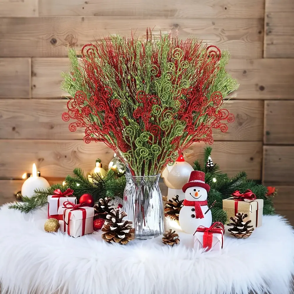 24-Piece Artificial Glitter Berry Branches Christmas Tree Decorations, Curved Branches with Candy Rings, New Year Vase Filler