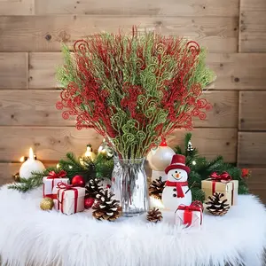24-Piece Artificial Glitter Berry Branches Christmas Tree Decorations, Curved Branches with Candy Rings, New Year Vase Filler