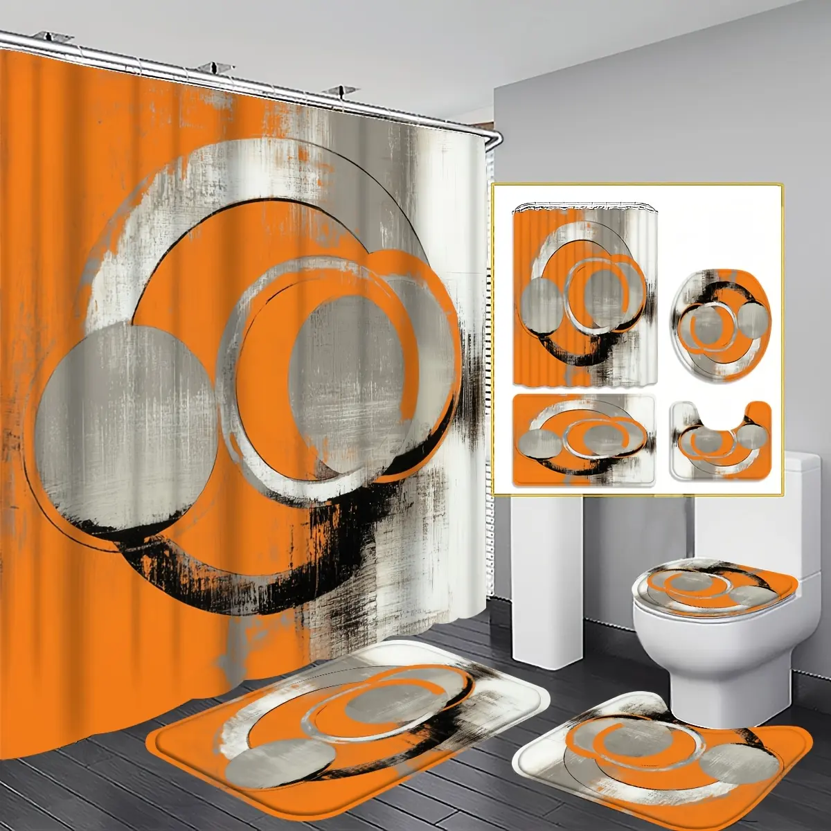 2D Flat, 4pcs-2D Flat Style, Abstract Orange 2D Pattern Shower Curtain Set, Modern Geometric Pattern Bathroom Decoration, Includes Bath Mat, U-shaped Floor Mat, Toilet Seat Cover, with 12 Hooks, 70.87x 70.87inch Shower Curtain, Bold Design,family