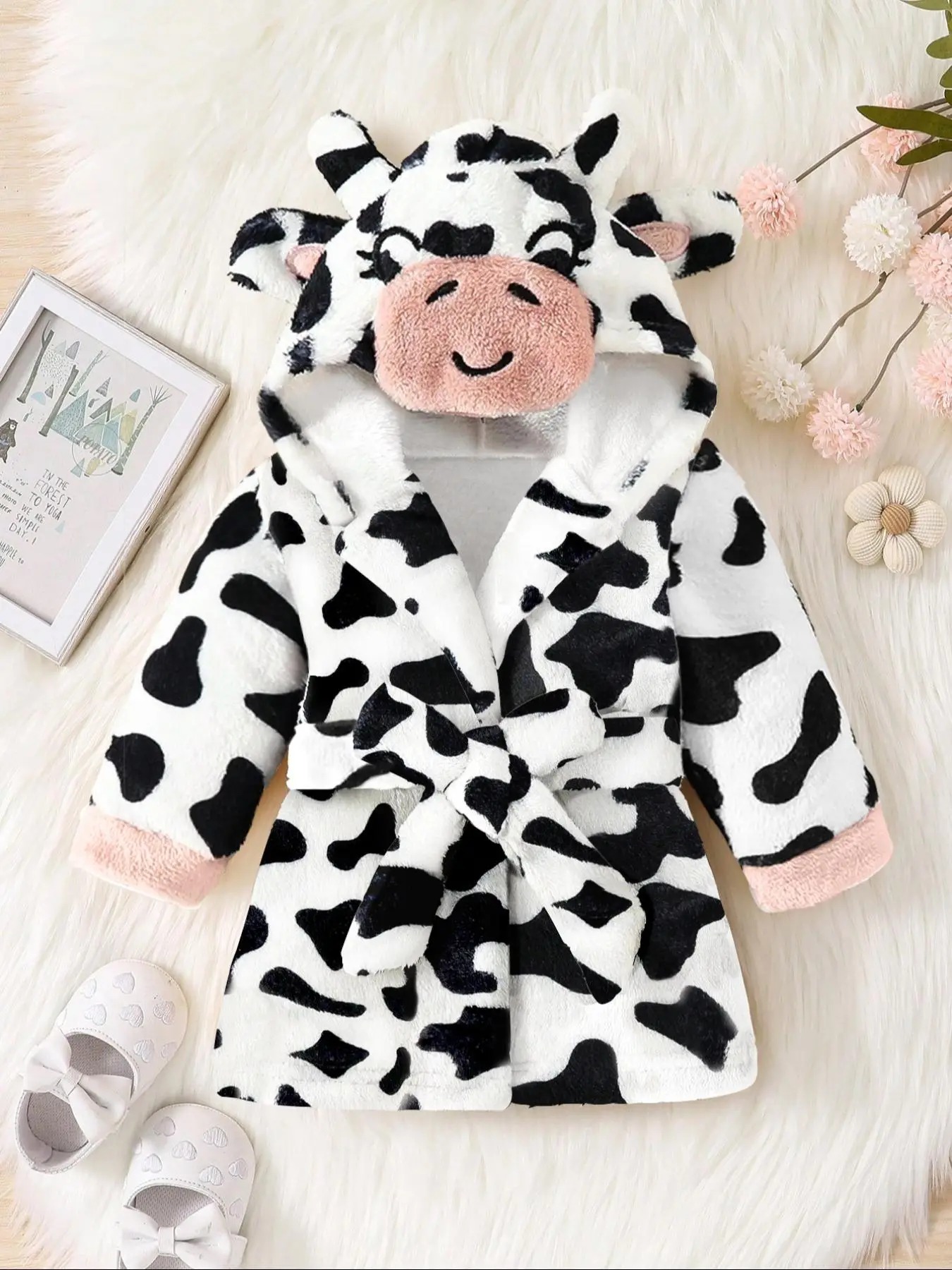 Girl's All Over Cow Print Belted Plush Hooded Coat, Cute Long Sleeve Warm Outerwear for Fall & Winter, Kids Clothes for Daily Wear