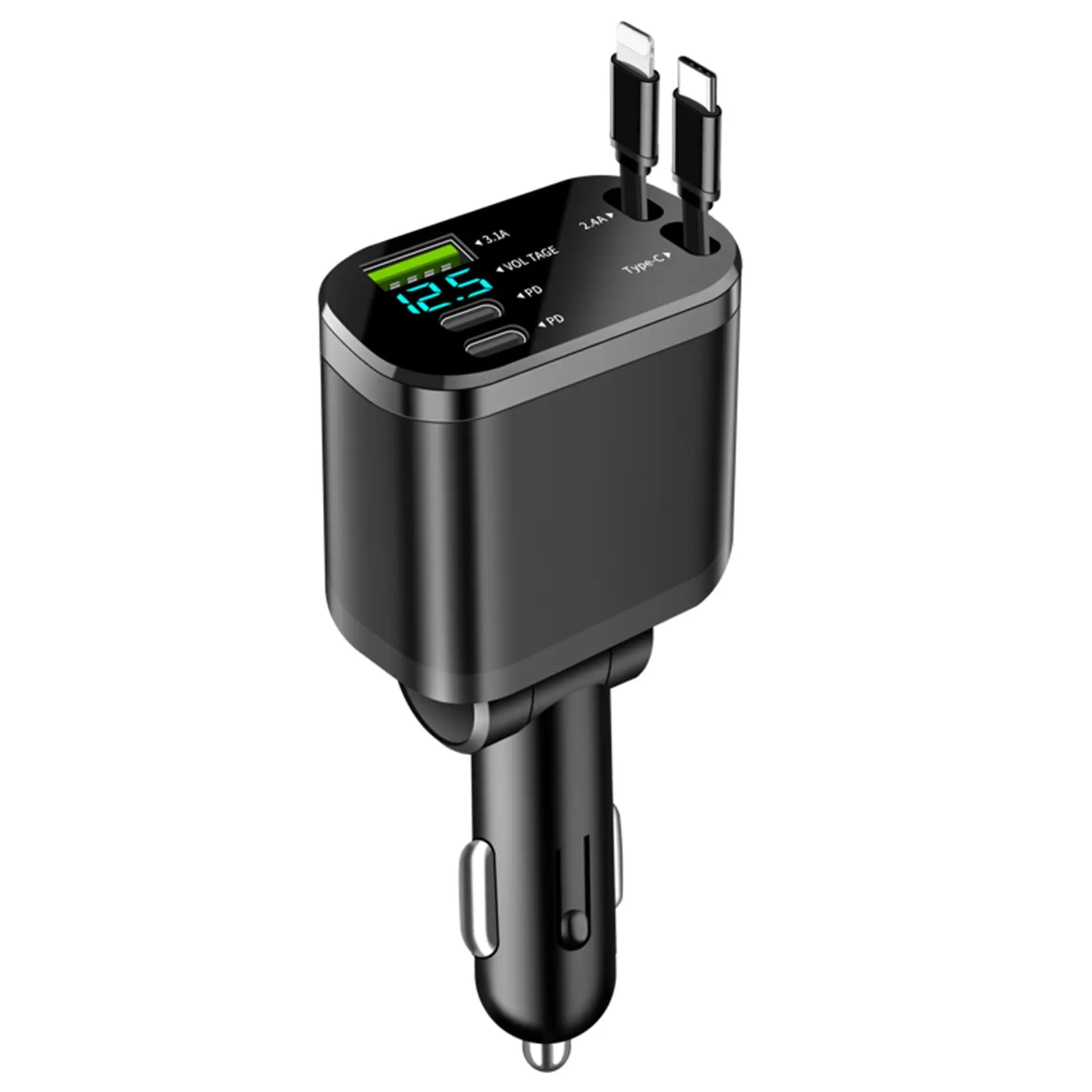 Retractable Car Charger 5 in 1 Fast Charging, Retractable Multi Charger, 66W High-power USB C, 2 Retractable Charging Cables, Real Time Voltage Detection, 180° Adjustable For iPhone & Android