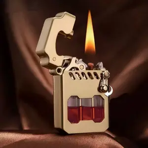 (Fuel Not Included) Vintage Trench Lighter, Metal RockerLighters, Kerosene Lighter, Windproof Copper Lighters withTransparent Oil Tank for Men Dad Husband