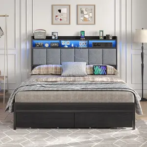 FUSOU RGB LED Headboard Bed with Charging Station, [FRAME ONLY NO MATTRESS], Upholstered Platform Bed Frame with 2 Storage Drawers, 2 USB & 2 AC Outlets, No Box Spring Needed, Black, Full Size ,Queen Size