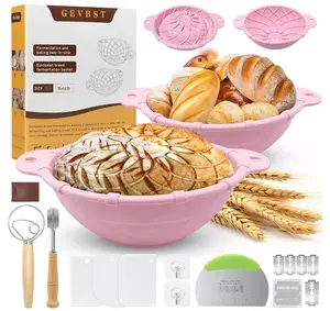 2 Pack Sourdough Bread Baking Supplies Set: Banneton Proofing Basket, Silicone Bread Baking Basket, 9 Inch Collapsible Bowl, Complete Tools Kit for Sourdoughs,Pink Proofing Baskets for Bread Making