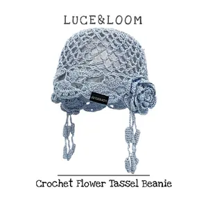 【LUCE&LOOM】New arrival handmade crochet flower beanie | delicate hollow out lace design with tassel detail | soft breathable knit | vintage boho style perfect for daily casual wear