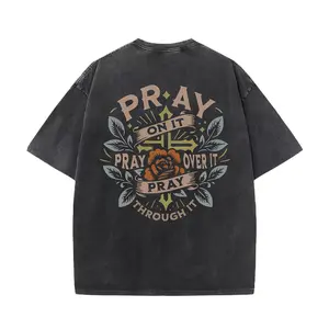Washed Tee with "Pray On It, Pray Over It, Pray Through It" Religious Graphic, Short - Sleeved