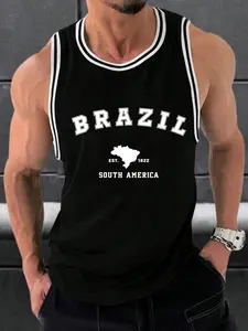 Men's Brazil Print Muscle Fit Tank Top - Breathable Quick Dry Fabric, Striped Trim Sleeveless Shirt for Gym Workout Streetwear Casual Daily Wear, One Top Multiple Ways, South America Brazil EST.1822 Graphic Tee