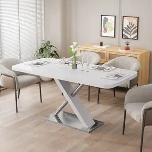 Extendable Dining Table for 4-6 People, Modern White Glossy Expandable Table with X-Shaped Metal Base, Large Space-Saving Table for Family Gatherings square mesa para comedor