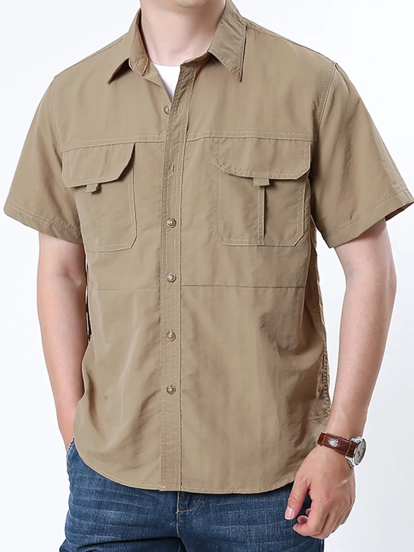 Spring New Outdoor Fishing Short Sleeve Shirt, Collared Shirts, Casual Button Front, Thin Multi-Pocket Men's Workwear, Casual Fashionable Design, Perfect for Anglers & Outdoors