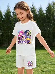 Girls' Kpop Cartoon Print Short Sleeve T-Shirt and Shorts Set, Summer Casual Two-Piece, Korean Style Sweet Cool Fashion