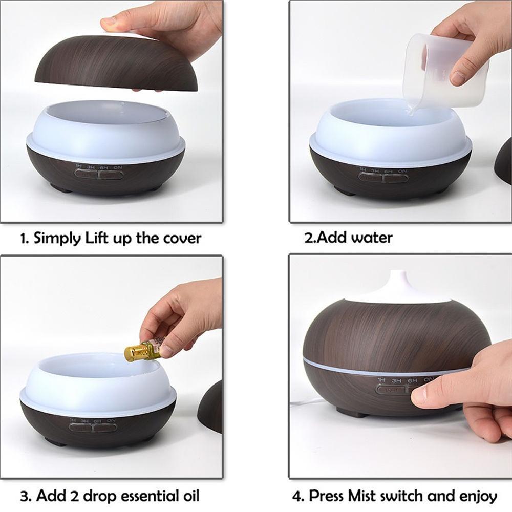 Wood Grain Aroma Diffuser Cool dual Mist mode Remote Control adjustable Timer well home bedroom colorful Design Air led Humidifier fragrance scent dispenser Smart RGB Lighting flame aromatherapy Essential Oil cool mist must-have item