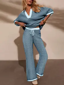 Womens 2 Piece Outfits Set Oversized 3/4 Sleeve V Neck Knit Tops Drawstring High Waisted Pants Lounge Sets Casual Womenswear Stripe Clothes