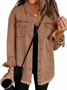 Women’s Oversized Denim Shacket – Long Sleeve, Button-Up, Frayed Hem & Functional Pockets