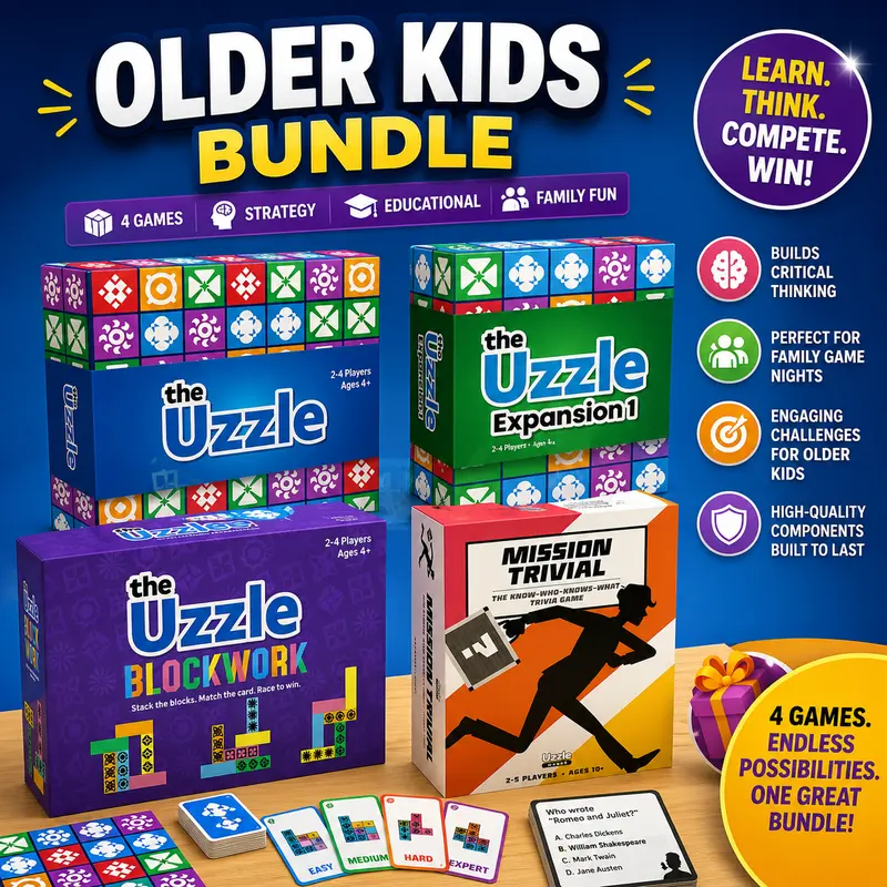 Older Kids Bundle – The Uzzle, Uzzle Expansion, Blockwork & Mission Trivial | Educational Strategy Board Games | Family Fun Game | Tabletop Games Family Fun Game