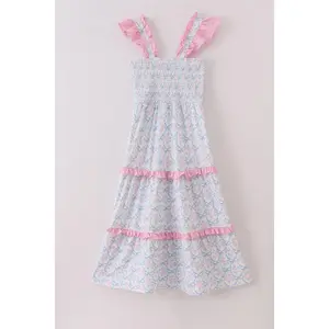 Blue bow tie print smocked mom dress