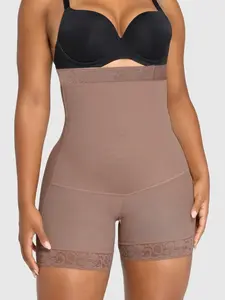 Solid Color Lace Anti-Slip High Waist Seamless Tummy Control Shapewear Bottom, Butt Lifting Shorts, Tight-Fitting Briefs, Womenswear, Suitable For Fitness Or Sports
