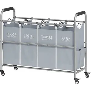 4 Bag Laundry Sorter Cart, 4 Section Laundry Hamper Sorter with Lockable Rolling Wheels, Laundry Separator Hamper with Removable Bags for Dirty Clothes, Grey & White