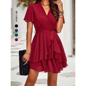 Women’s flat-waistband layered wrap V-neck dress with elegant bright-colored sleeves and a straight short skirt—perfect for parties and wedding guests; women’s summer wear; elegant dress GARMENTARY