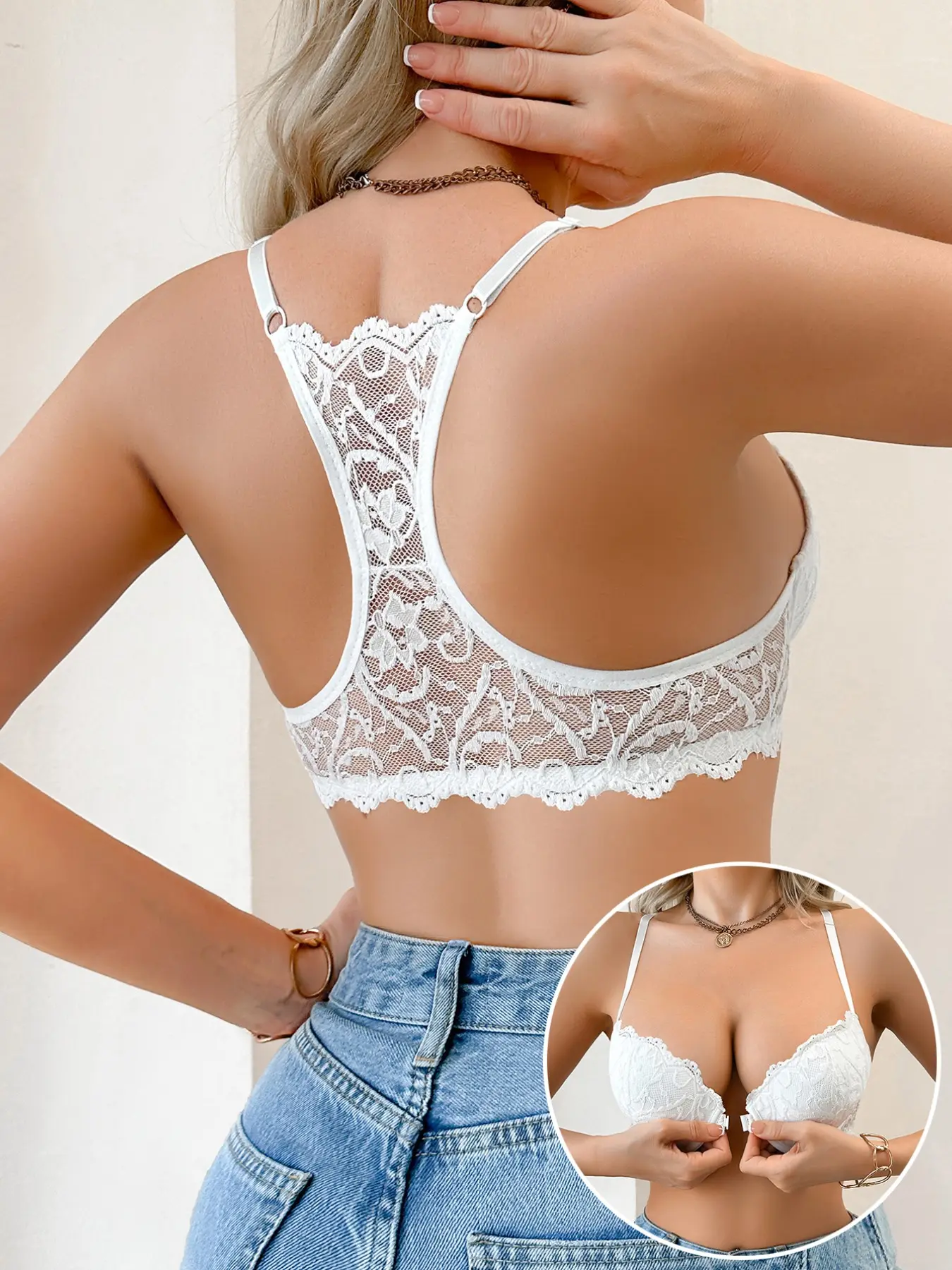 Women's Lace Racerback Bra, Front Closure, Adjustable Strap, Push Up Bralette, Medium, Comfortable and Stylish Underwear for Everyday Wear