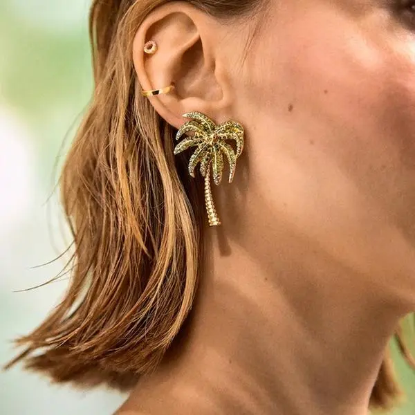 Gold coconut tree earrings, beach palm tree studs, full-diamond leaf exaggerated earrings