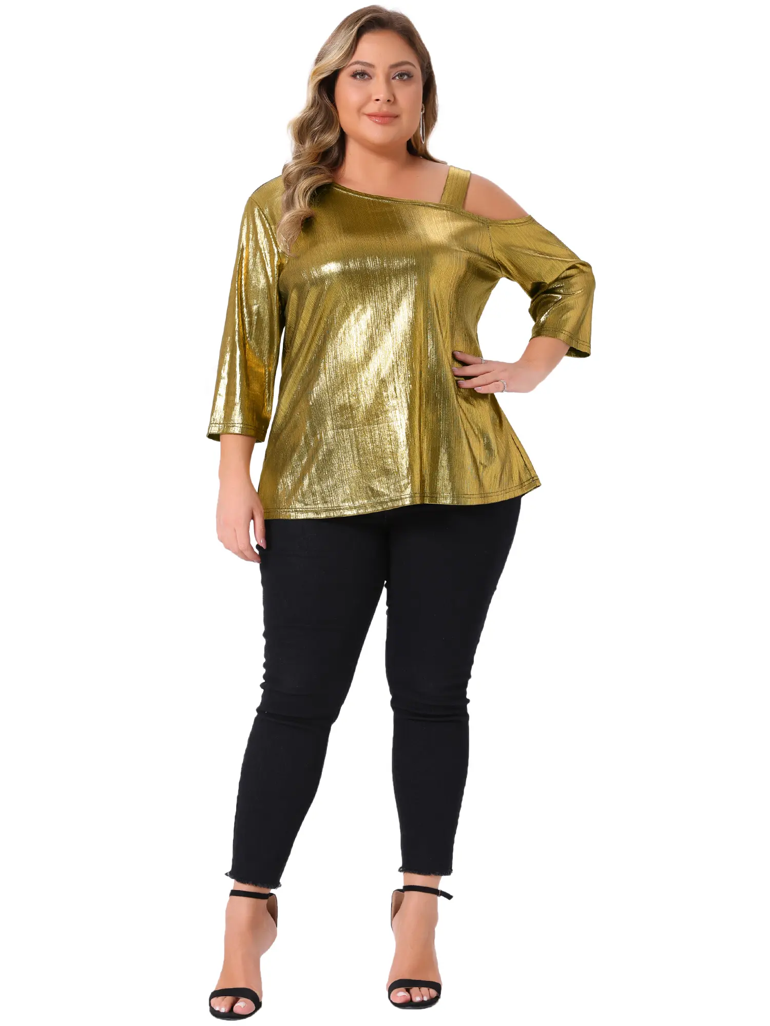 Agnes Orinda Women's Plus Size Metallic Tops One Shoulder 3/4 Sleeves Shiny Shirts Party Sparkle Top Blouses