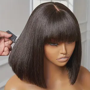 4x4 Lace Short Bob Straight Human Hair Wigs With Bang For Black Women Full Machine Made Human Hair Wig Cheap Bob Wig Brazilian