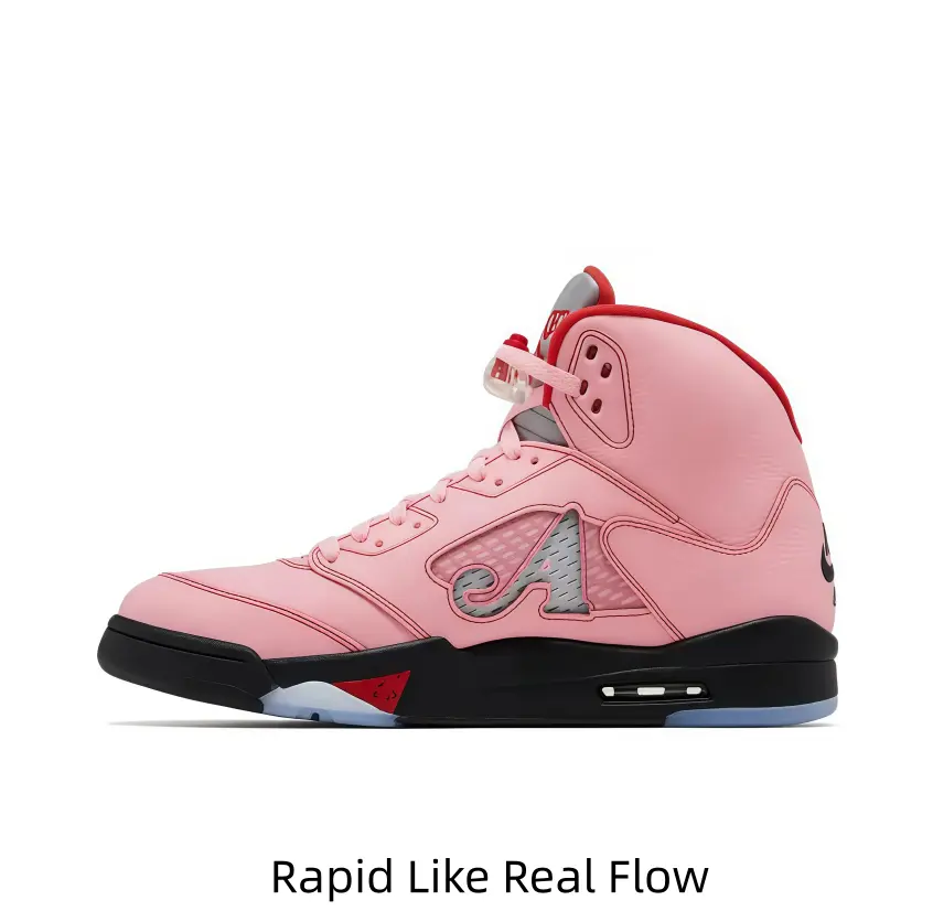 Premium matte pink full leather upper, hollow breathable mesh side window with gray pattern, bright red ankle trim, black midsole, fashionable retro high-top basketball sneaker silhouette
