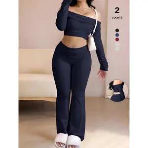 Women's 2-Piece Minimalist Basic Homecoming Clothing Set - Long-Sleeve Drop-Shoulder Short Top & Flared Pants, Plain Casual Multi-Season Womenswear
