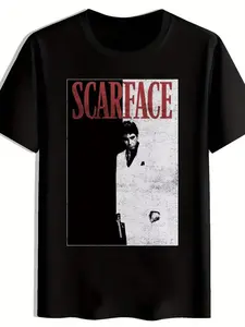 Summer New Scarface Print T-Shirt, American Retro Gangster Style, Loose Round Neck Unisex Short Sleeve, Casual Fitted Top