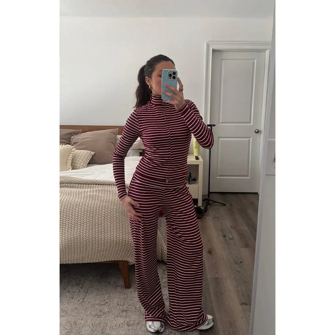 Pippen Burgundy Stripe Foldover Wide Leg Pants