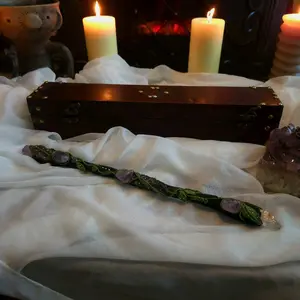 The Amethyst Grove Enchanted Wand in Mahogany Case - Sculpted Vines & Leaves with Violet Glow of Amethyst and Quartz - Perfect for Altar or Craft  length 16.5 inches