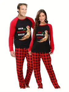 Couple Christmas pajama set: Long-sleeved top with classic checked trousers. Home casual holiday pajama set