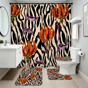 1/4 Pcs Decorative Flower Garden Orange Lily & Zebra Print Waterproof Shower Curtains, 72x72in Polyester Bathroom Decor, Machine Washable Bathtub Partition Curtain with Hooks (Holiday Gift Option)