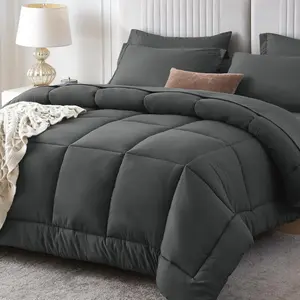 Comforter Set, 7 Pieces Bed in a Bag Queen, Complete Bedding Set Includes Grey Comforter, Flat Sheet, Fitted Sheet, Pillowcases and Pillow Shams, Dark Grey