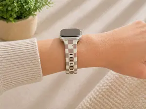 Neutral Checkered Watch Band – Beige Checkerboard Silicone Watch Strap – Minimalist Watch Band for Women