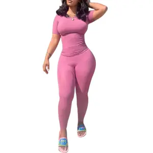 Gym Womenswear Matching Chic high waist Feminine Clothing Summer Lounge Wear Ribbed Casual 2 Piece Tracksuit Set  Skinny Short Sleeve O-Neck Top+Mid Waist Elastic Leggings Pants Outfits Crop