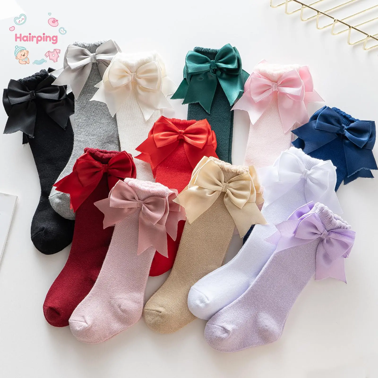 Baby Girl Soft Cotton Bow-Knot Knee-High Socks Set - 0-2 Years, Solid Colors Keep Outfits Simple, Casual Festive for Daily Wear & Parties, Bow-Knot Detail Adds Sweet Charm