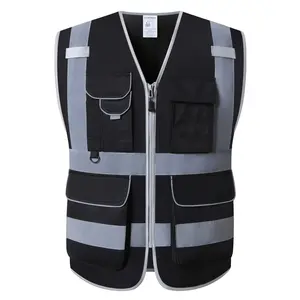 Hi Vis Reflective Safety Vest for Men & Women - High Visibility, Zip-Up with Pockets, Adjustable Waist, Ideal for Construction & Work, Black, Workwear | Highvisibility Vest | Zipup Vest