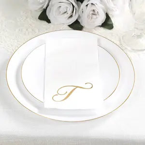 100 Paper Dinner Napkins White with Gold Foil Monogram "T" – 8"x4" Folded, Disposable Party Napkins