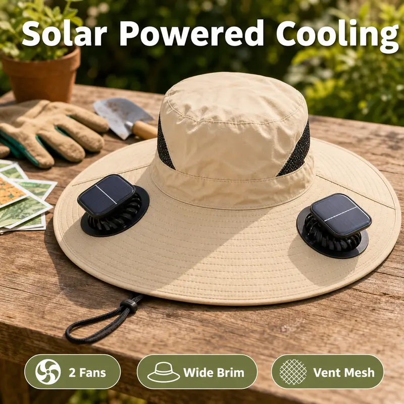 Unisex Cooling Sun Cap - Solar Charging, 800mAh Battery, Wide Brim, UPF 50+, 2 Cooling Fans, USB Rechargeable, 3-Speed Adjustable, Breezy Mesh Top, Breathable Double-Sided Sunscreen Fishing Headwear for Biking, Hiking