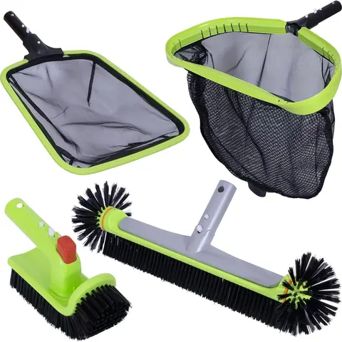 Sepetrel Outdoor Above Ground Pool Cleaning Tools Kit for Adults - 17.5-inch Aluminium Back Brush, 2 Skimmer Nets, Hand Scrub Brush for Debris Capture, Easy Pool Corner Cleaning (Pole Not Included)