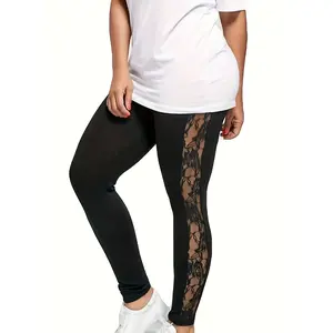 Plus Size Female Holllow Off Lace Leggings, Sexy High Waist Bandage Pants for Indoor or Outdoor Sports