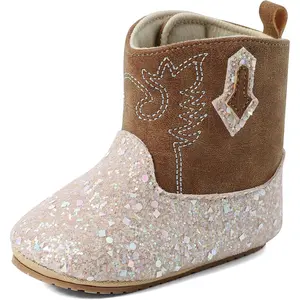 L-SOK028   Baby Girls Embroidery Western Cowgirl Boots Infant Sequin Leather Cowboy Booties Round Toe Ankle High Hook and Loop Shoes