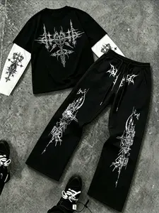 Men's American Gothic Style Casual Set, Comfortable Breathable Fake Two-Piece T-Shirt + Drawstring Wide Leg Pants, Thorn Print, Streetwear