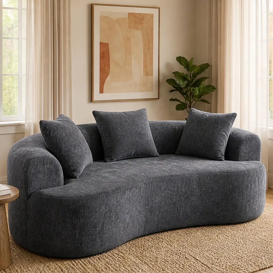ARCH Modern Crescent 3-Seat Chenille Fluffy Sofa - Grey Low-Back Indoor Comfy Couch, Deep Cushions, Self-Inflate Foam+Spring Construction, No Assembly, 40.35w x 66.93d x 24.41h in Space-Saving Living Room Furniture