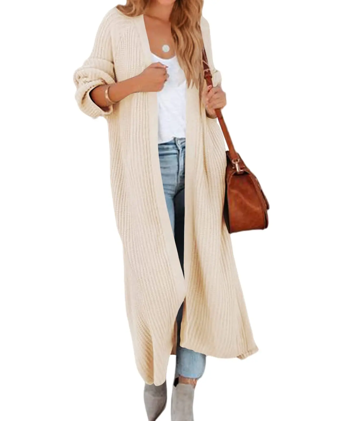 Women's Open Front Duster Cardigan, Elegant Oversized Thick Ribbed Knit Sweater Coat, Long Sleeve Above Ankle Length for Holiday Wear, Knitwear, Work, Thick Knit, Full Length, Extra Long, Plain