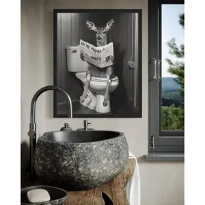 Deer on Toilet in Restroom Poster Art Print, Animal Wall Art Decor Painting Bathroom Artistic Cotton Artwork Matte Minimalist Ornaments Decoration Photo wall decor posters