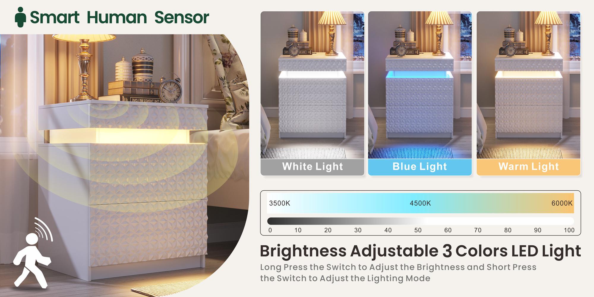 Vlsrka LED Nightstand - Modern Bedroom Space-Saving Furniture, 3-Color Adjustable Lighting, 2 Spacious Drawers, Hidden Storage, Decorative Wooden Charging Furniture with Built-In Charging Ports for Clean Aesthetic Rooms