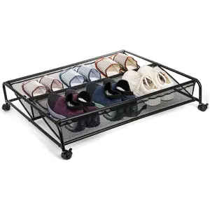 Under Bed Shoe Storage Organizer with Wheels, Rolling Underbed Storage Containers, Metal Shoe Rack Drawer Space Saving for Bedroom Organization, Shoes, Toys (Black)
